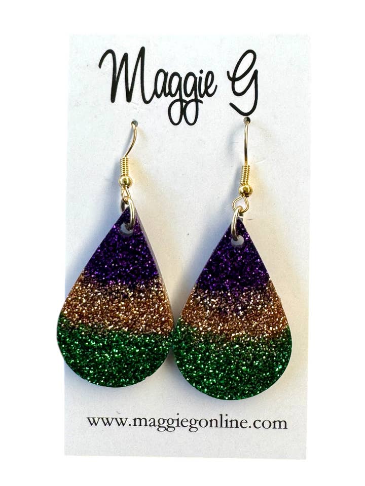 Mardi Gras Teardrop//Orecchini fatti a mano in resina e glitter per la vendita all'ingrosso da parte di Maggie G