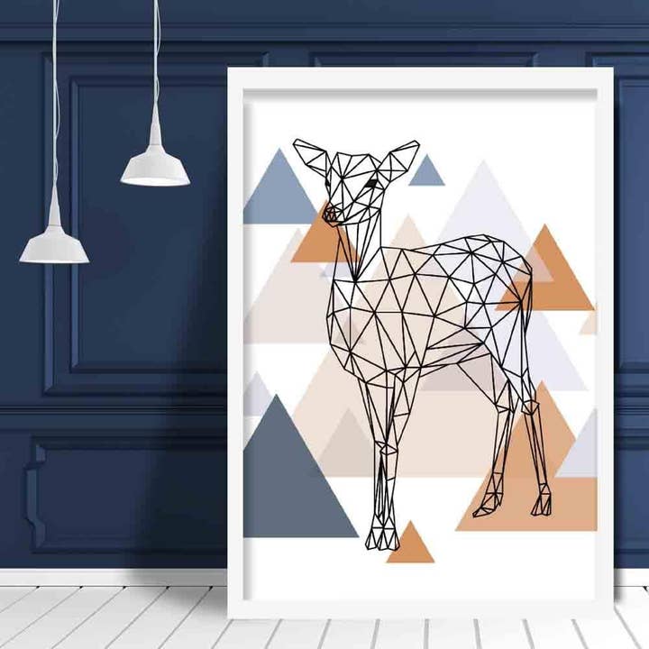 Hjorte abstrakt multi geometrisk skandinavisk blå, kobber plakat for engroshandel hos Artze Wall Art