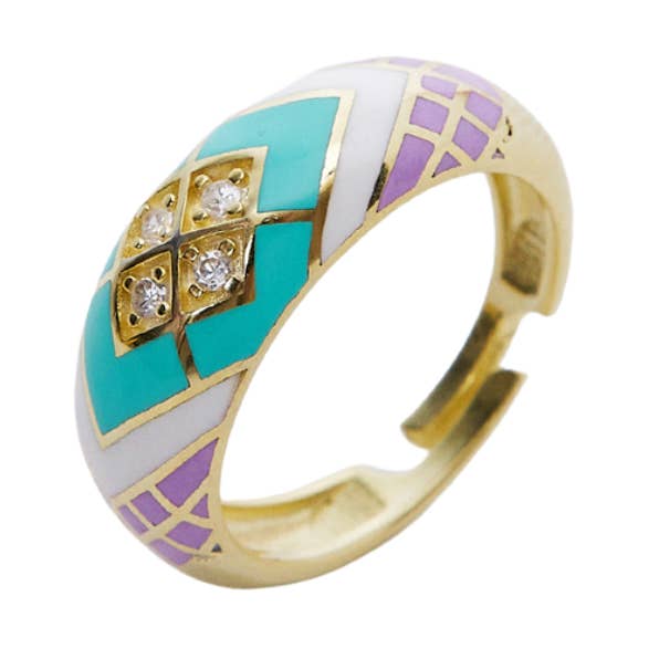 Emaille Turkoois Vijfkleurige Diamant Sterling Zilveren Koepelring voor wholesale door Spero London