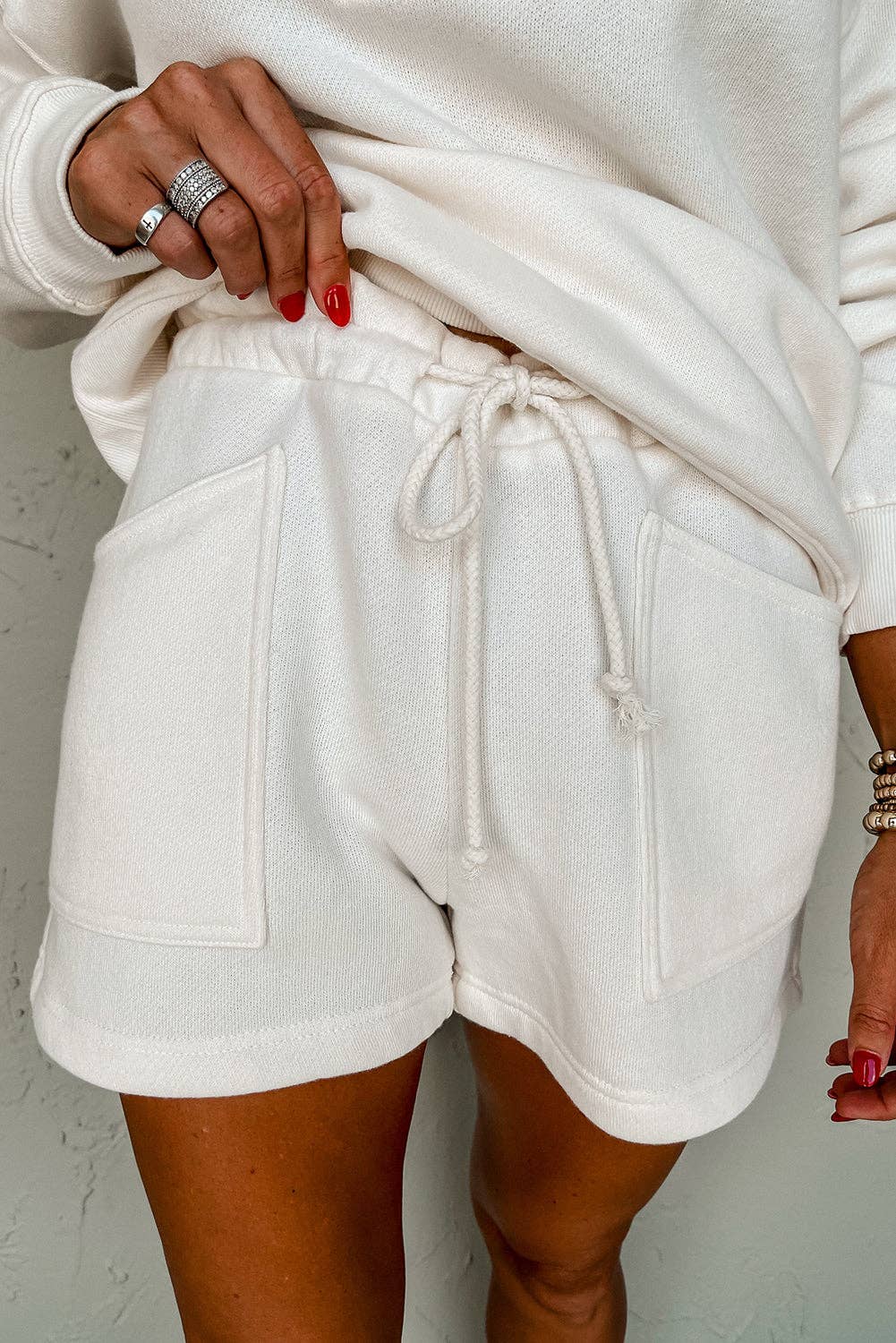 White Ribbed Collar Drop Shoulder Sweatshirt and Shorts Set for wholesale on Faire2