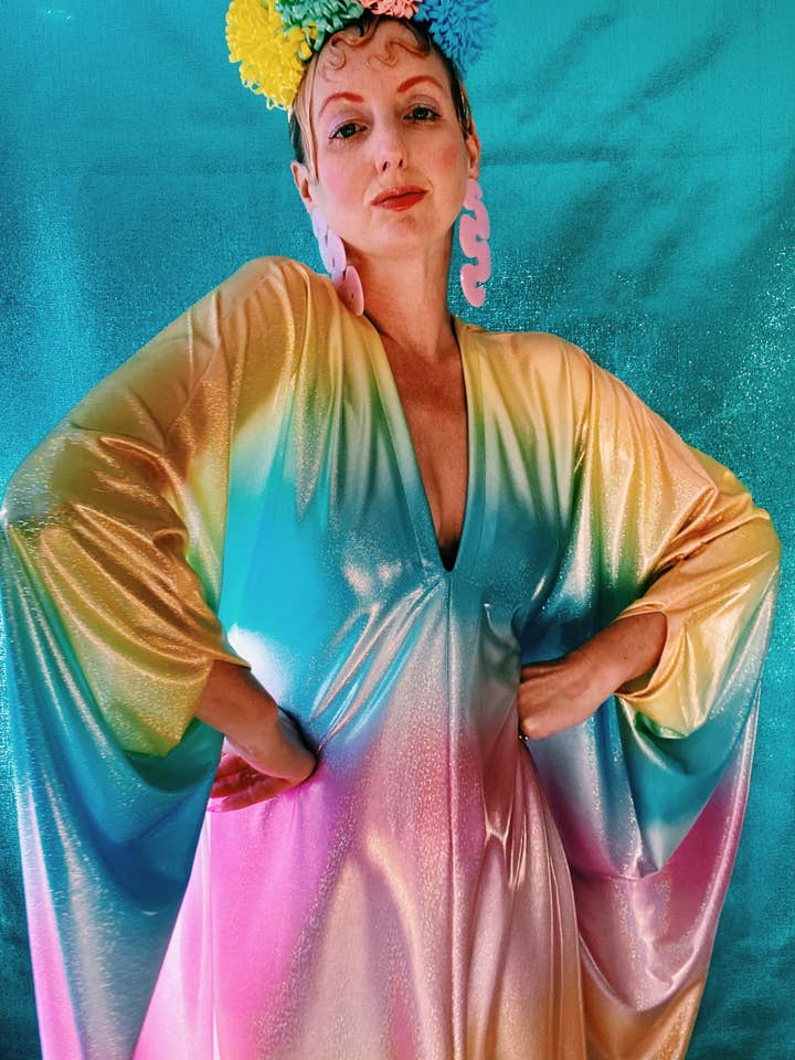Fumbalinas - Wholesale Kaftan – Women's - Liquid Holographic Pastel Rainbow Studio 54 Maxi Kaftan Dress6