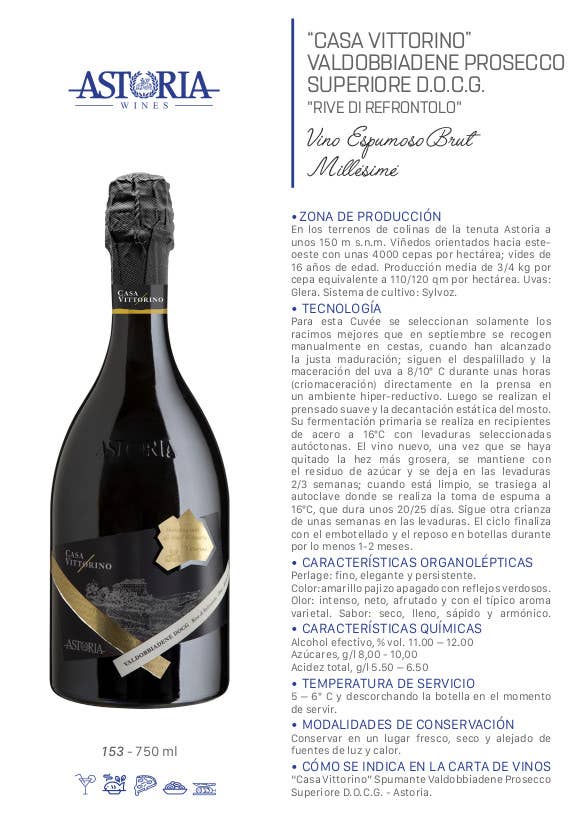Metina SAS - Venta al por mayor Champán/vino espumoso - Casa Vittorino Mill.to Prosecco Valdobbiadene Astoria 75 cl4