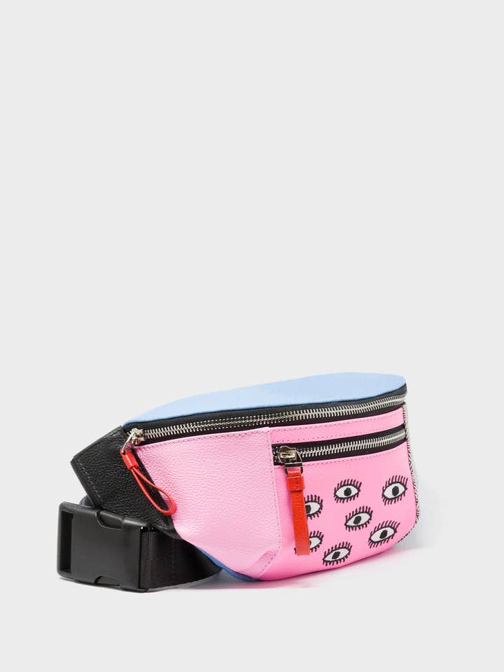 Harold Fanny Pack Cerulean Blue Leather - All Over Eyes Embroidery for wholesale by Min & Mon