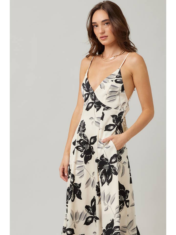 IVORY Fall Holiday Floral Printed Satin Open Back Maxi Dress for wholesale on Faire8