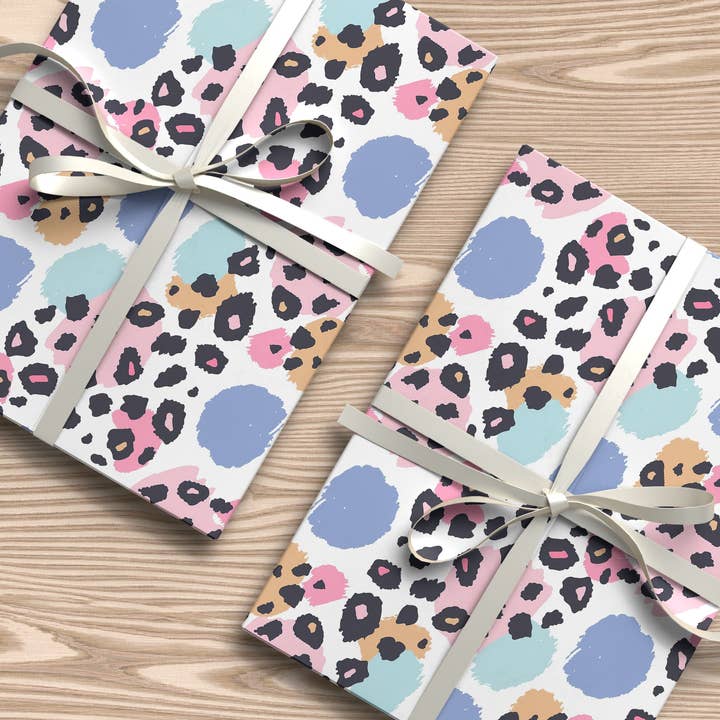 House of Binky - Wholesale Flat Wrap - Pastel Leopard Print Wrapping Paper – Colourful Brush Stroke Gift Wrap in Pink, Blue & Mustard Spots3