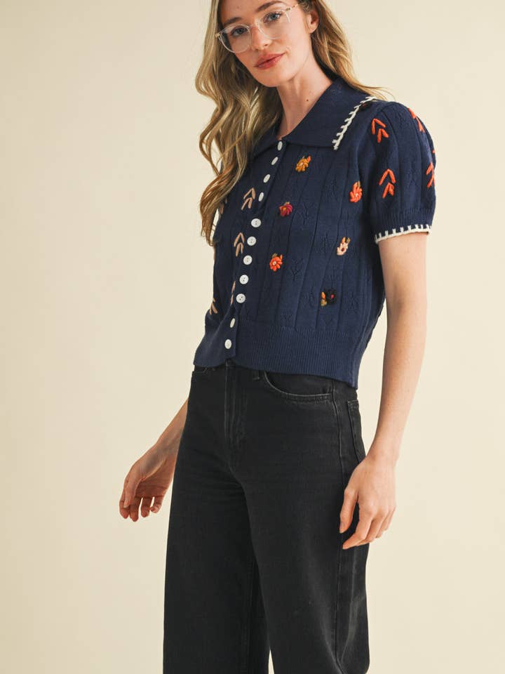 &MERCI - Wholesale Knit Sweater - Women's - HAND EMBROIDERED SHORT SLV BUTTON DOWN SWEATER MSW1095328