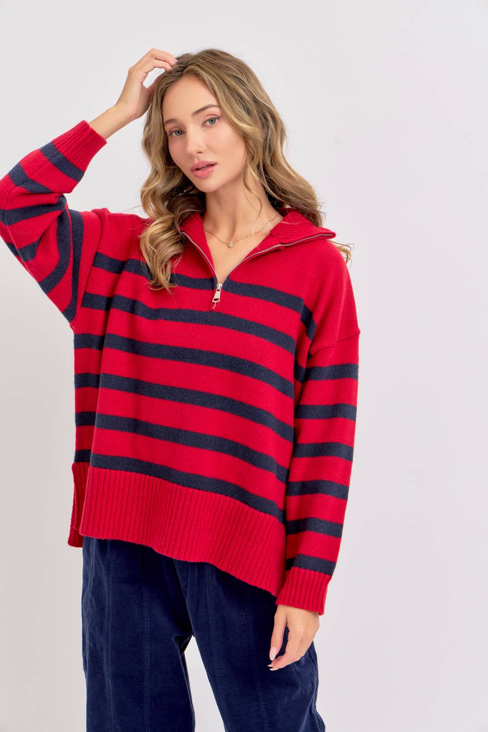 Sweet Lovely by Jen - Wholesale Knit Sweater - Women's - STRIPED ZIP-FRONT OVERSIZED PULLOVER KNIT SWEATER  13