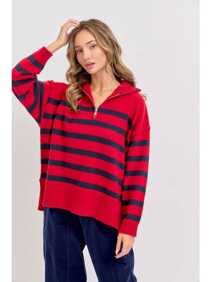 Sweet Lovely by Jen - Wholesale Knit Sweater - Women's - STRIPED ZIP-FRONT OVERSIZED PULLOVER KNIT SWEATER 13