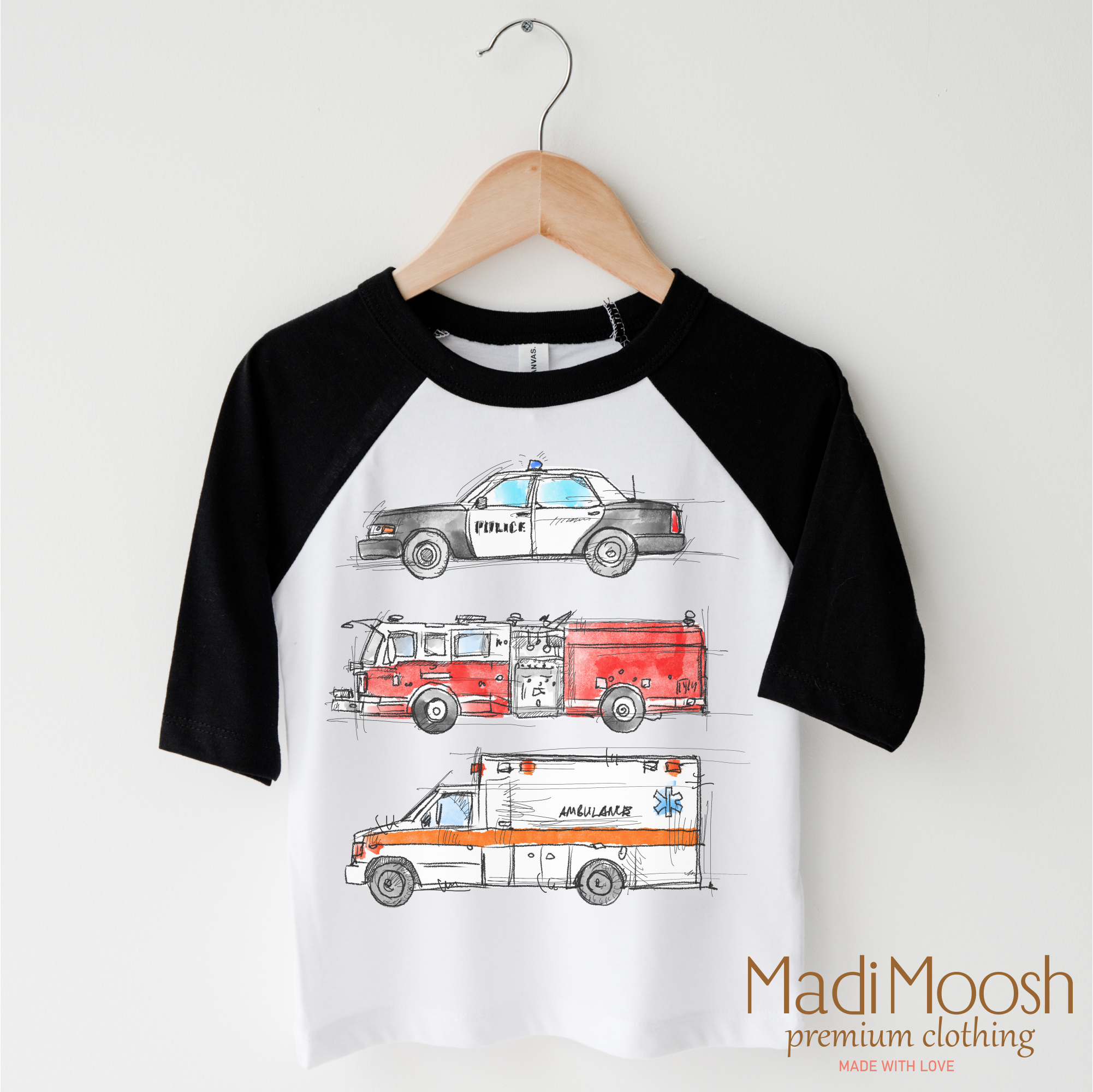 Madi Moosh - Wholesale Screen Printed T-Shirt - Kids - Emergency Vehicle  Shirt - Firefighter Tee3