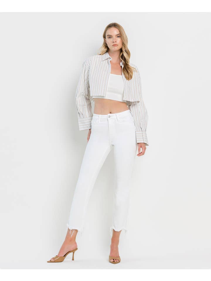 OPTIC WHITE HIGH RISE UNEVEN RAW HEM CROP FLARE JEANS T6348WH for wholesale on Faire