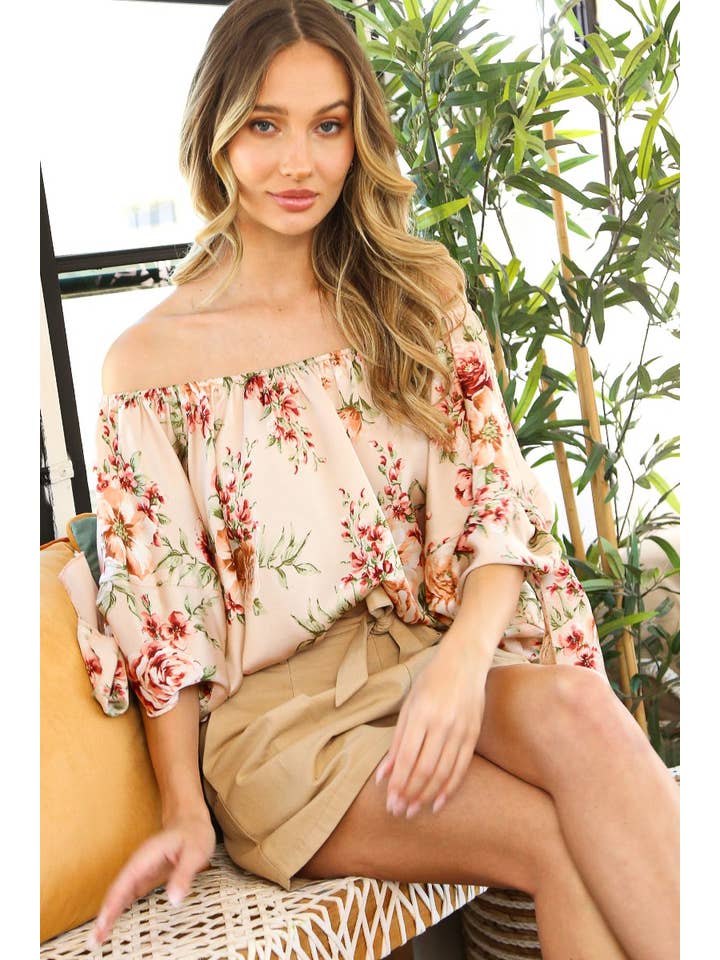 Vine & Love - Wholesale Blouse - Women's - Floral Off The Shoulder Satin Blouse Top VT81308
