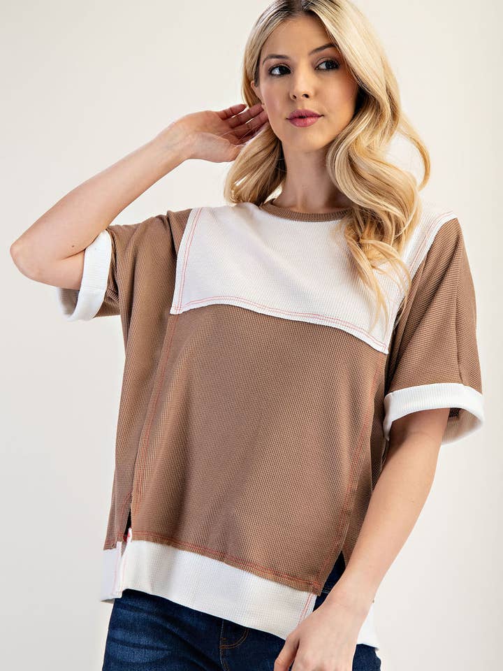 Våffelstickad färgblocktopp - CT43939 för wholesale av Celeste Clothing