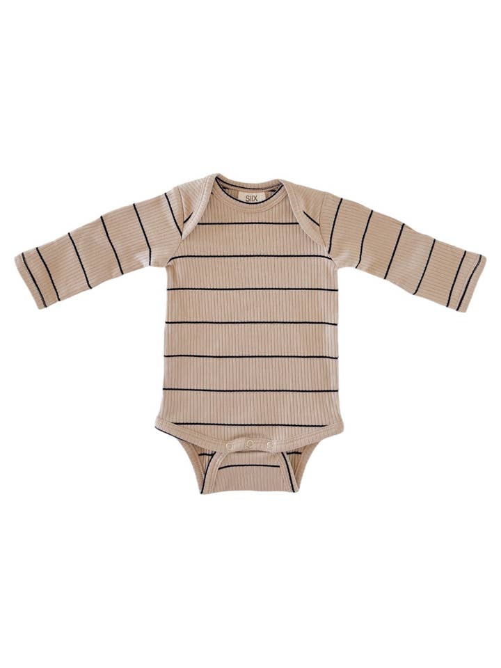 SIIX Collection - Wholesale Bodysuit (Non-Footed) - Baby - Tan/Black Stripe / Organic Ribbed Long Sleeve Bodysuit