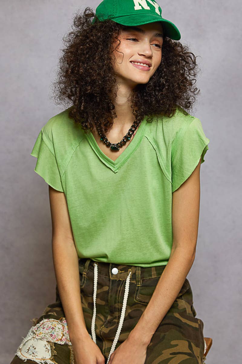 Pol Clothing - Wholesale T-Shirt - Women's - V-neck ruffle short sleeve solid basic cotton top26