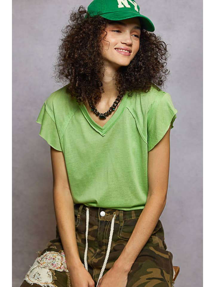 Pol Clothing - Wholesale T-Shirt - Women's - V-neck ruffle short sleeve solid basic cotton top26