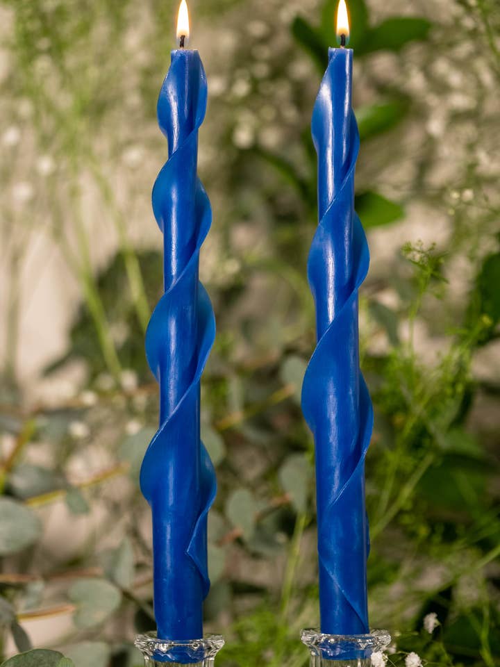 Double Spiral Pair of Beeswax Candles - Blue for wholesale by Summerfield Candles