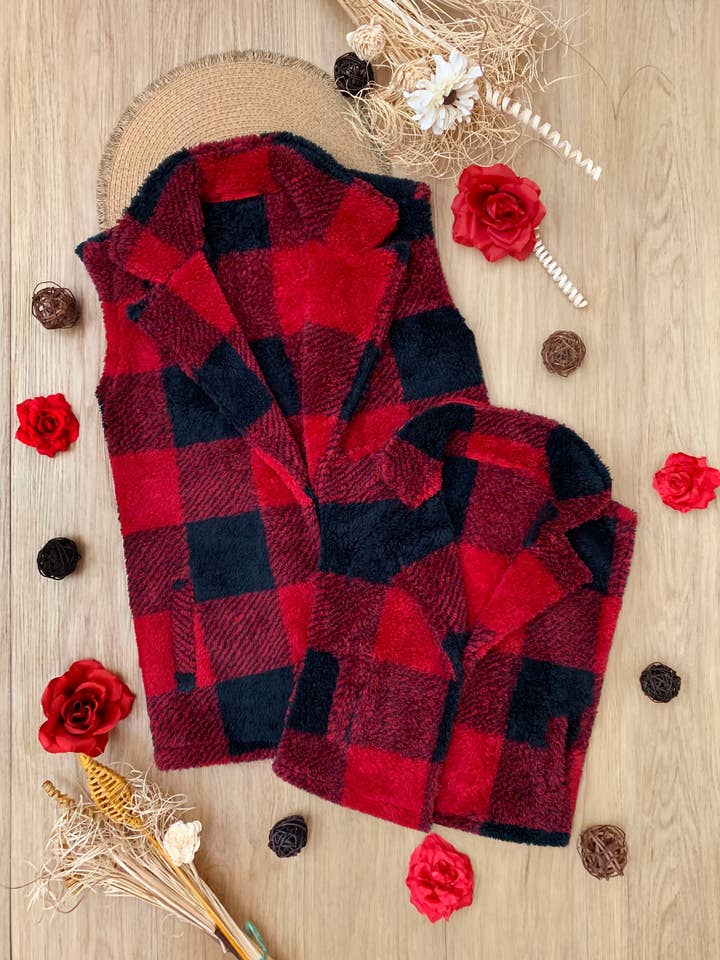 Red Mommy and Me Cozy Faux Fur Buffalo Plaid Vest for wholesale on Faire1