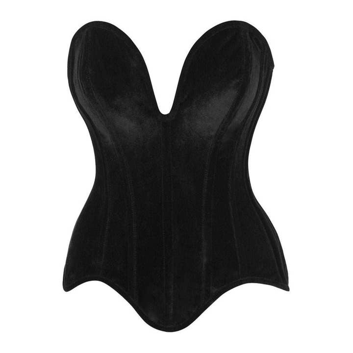 Top Drawer Steel Boned Black Velvet Plunge Neckline Overbust Corset for wholesale by Daisy Corsets