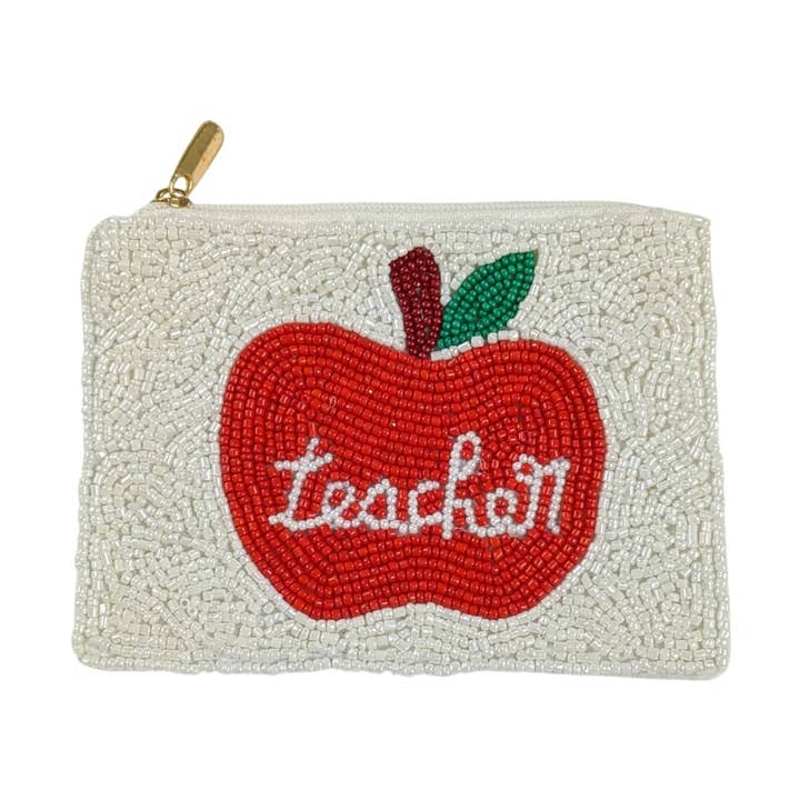 Damtillverkad myntväska med lärartema och fulla pärlor för wholesale av Nima Accessories Inc