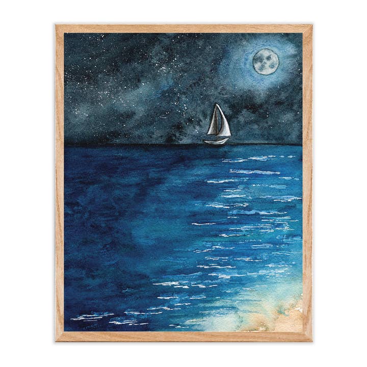 Moonlit Ocean Landscape Sailboat Art Print for wholesale by Green Artist Designs