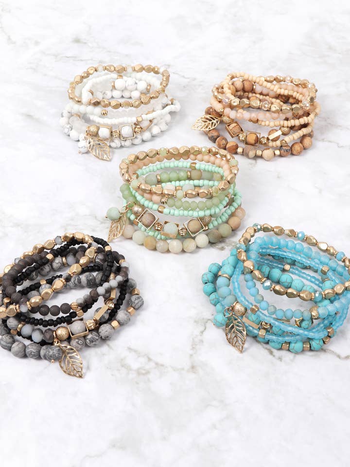 Natural Stone Mixed Beads Leaf Charm Bracelet for wholesale by MYS Wholesale Inc