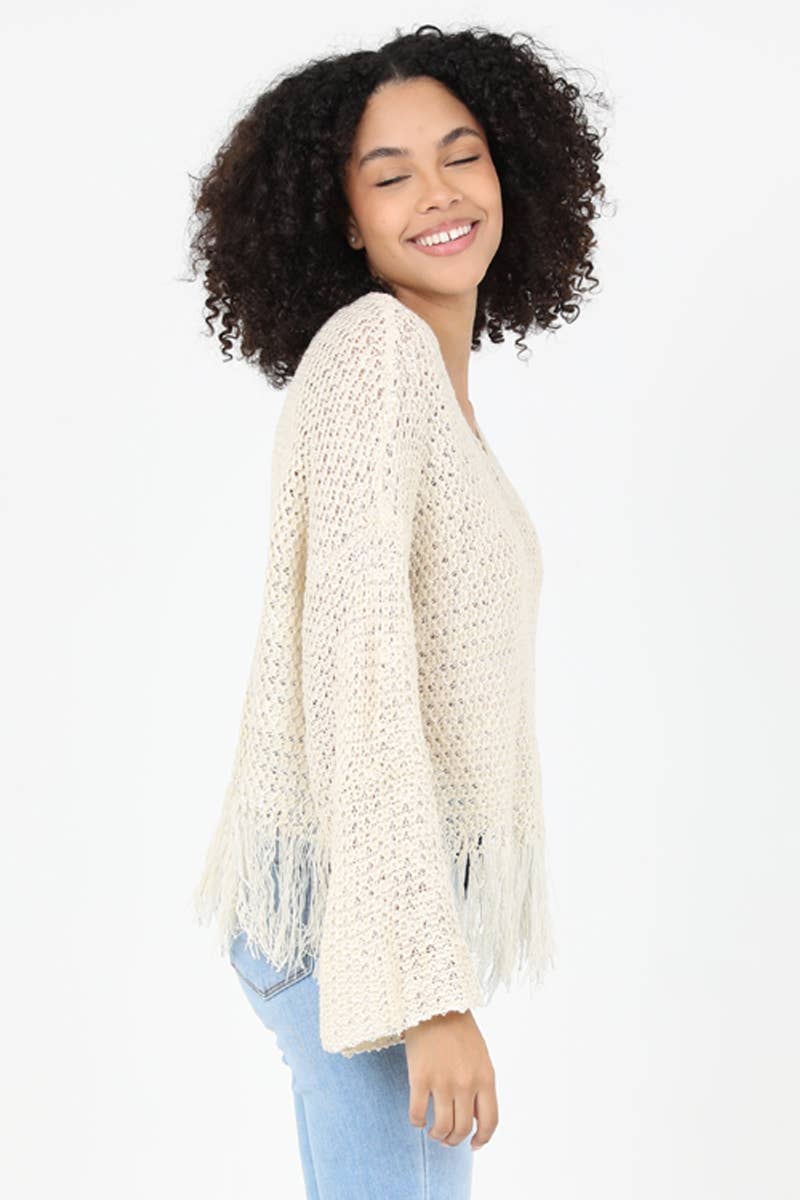 ANGIE - Wholesale Knit Sweater - Women's - XHN03-ASIS V NECK FRINGE HEM PULLOVER SWEATER5