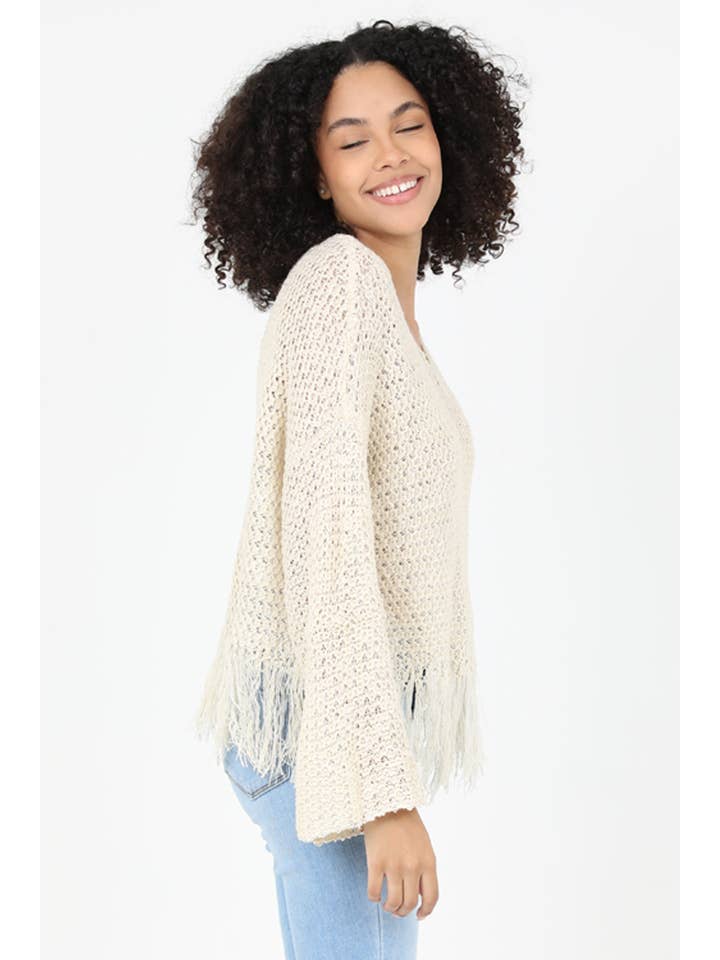 ANGIE - Wholesale Knit Sweater - Women's - XHN03-ASIS V NECK FRINGE HEM PULLOVER SWEATER5