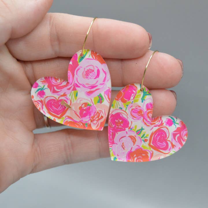 Valentine’s Heart Earrings, Floral Acrylic Earrings, Roses for wholesale by The Adorned Fox