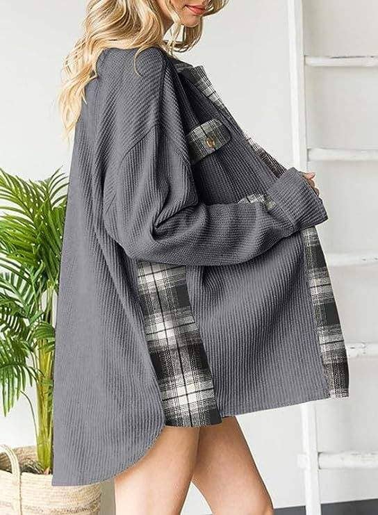 Queen Fashion – wholesale Jacket – Women's – sleeve top melliflo waffle knit plaid shacket4