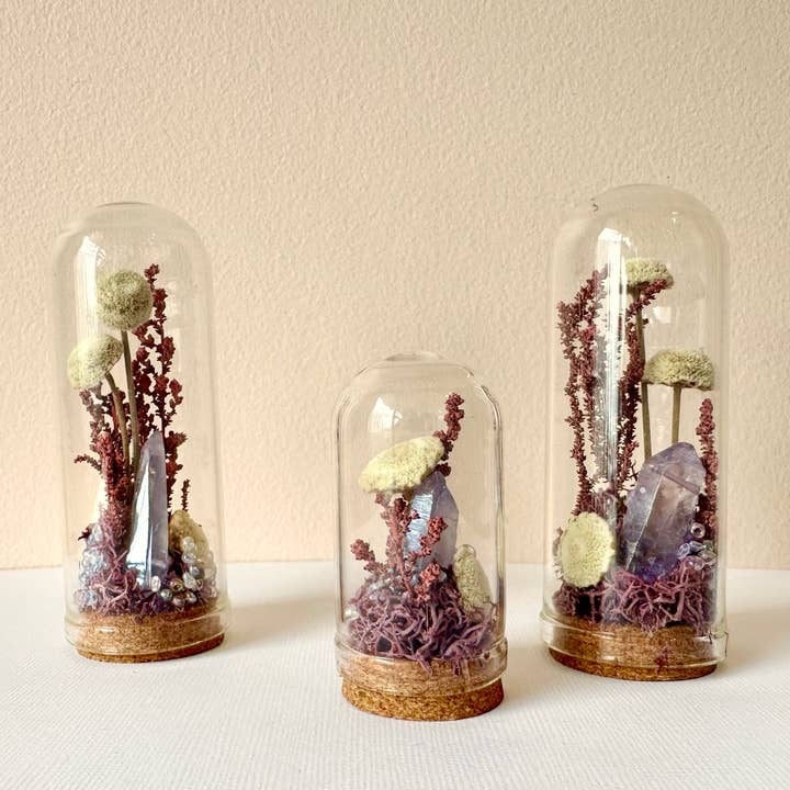 Purple Crystal Fairy Garden Mini Glass Cloche Terrarium for wholesale by CA Studios