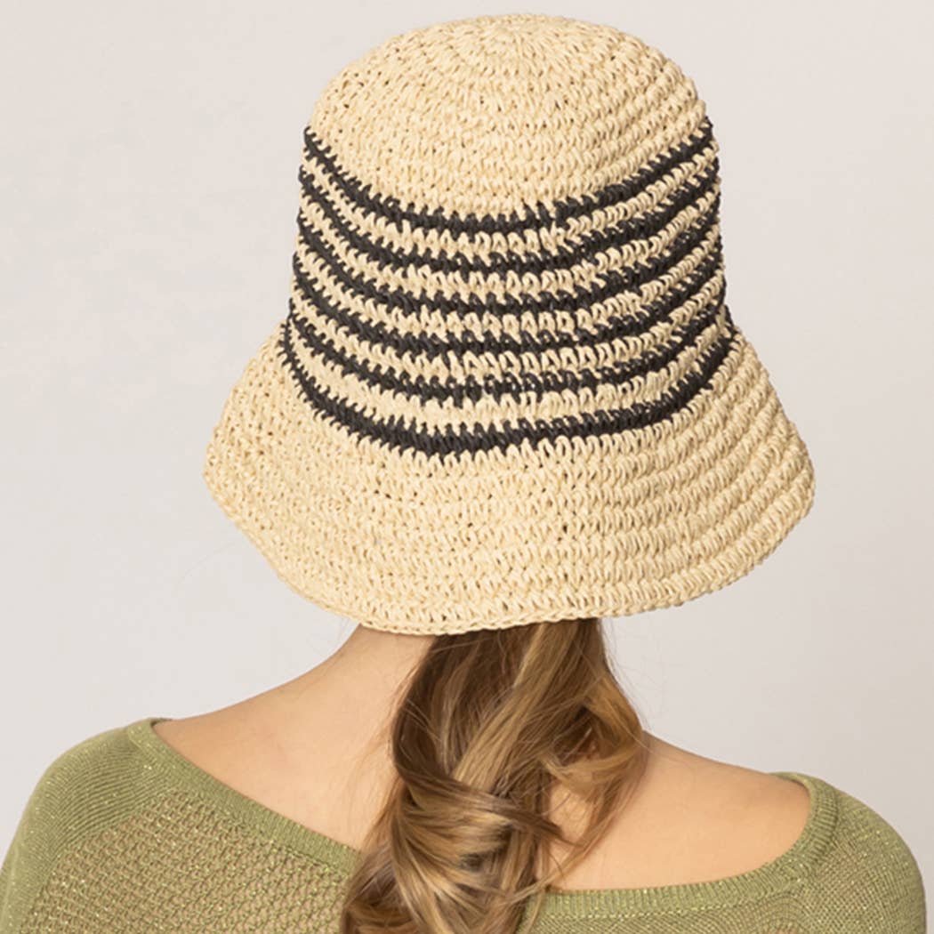 Fashion City - Wholesale Bucket Hat - Women's - Two Tone Stripe Straw Crochet Bucket Hat2