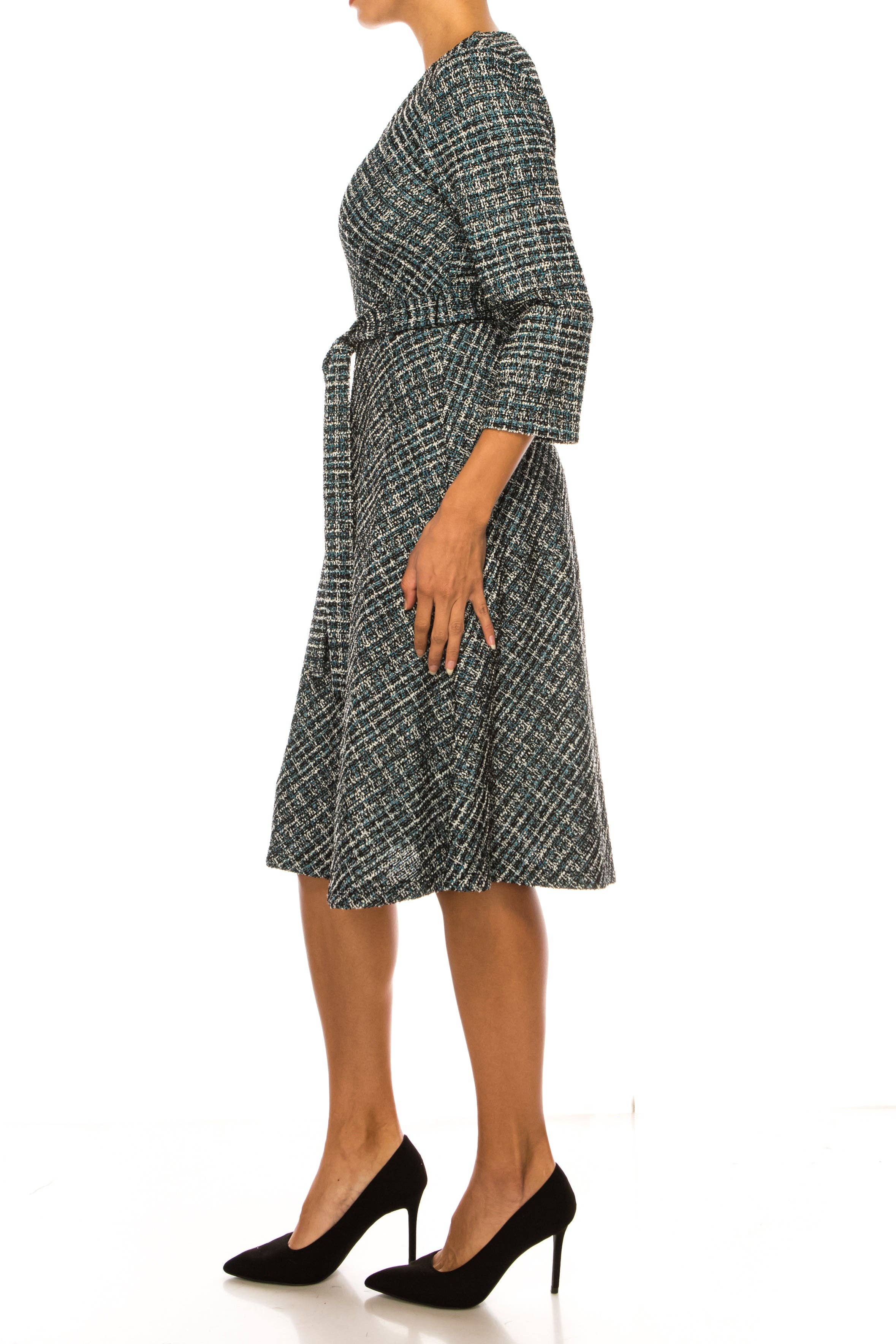 BLK WHT TURQ Shelby & Palmer Tweed Belted V-Neck A-line Dress for wholesale on Faire2