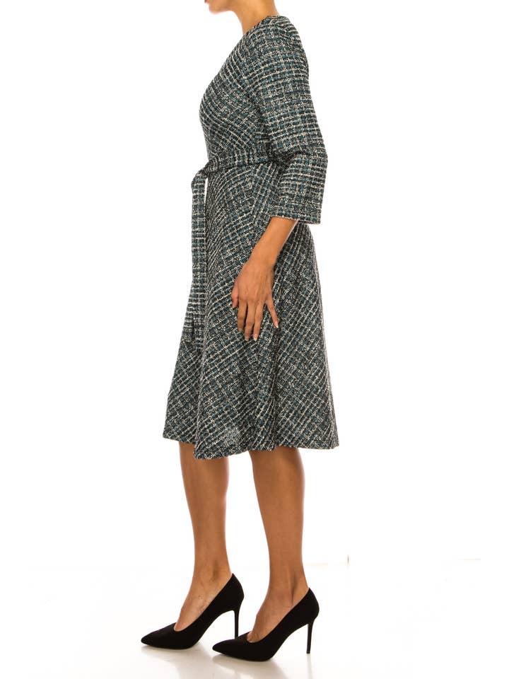 BLK WHT TURQ Shelby & Palmer Tweed Belted V-Neck A-line Dress for wholesale on Faire2