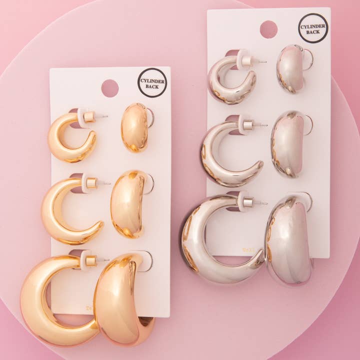 3 Pair Crescent Shape Hoop Earring Set with Cylinder Backing for wholesale by SP Sophia Collection