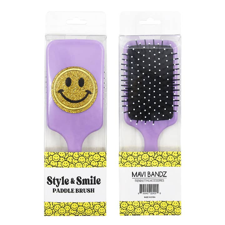 Mavi Bandz - Wholesale Hair Brush/Comb - Varsity Glitter Smiley Face Large Bright Paddle Hair Brush3