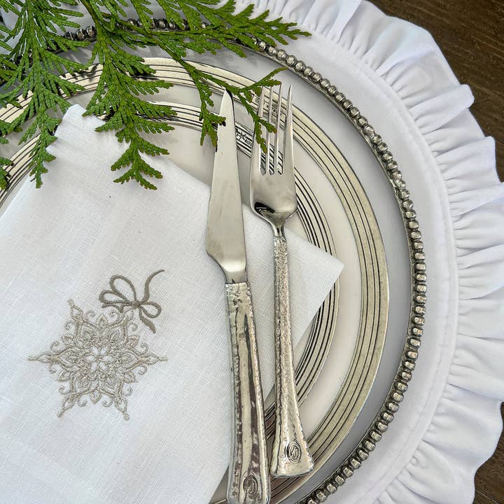 White Platinum Snowflake Tri-Fold Napkin for wholesale on Faire