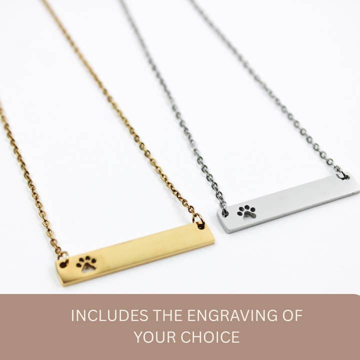 Paw Print Bar Engraved Necklace, Custom Necklace for wholesale by Grace + Joy Collective