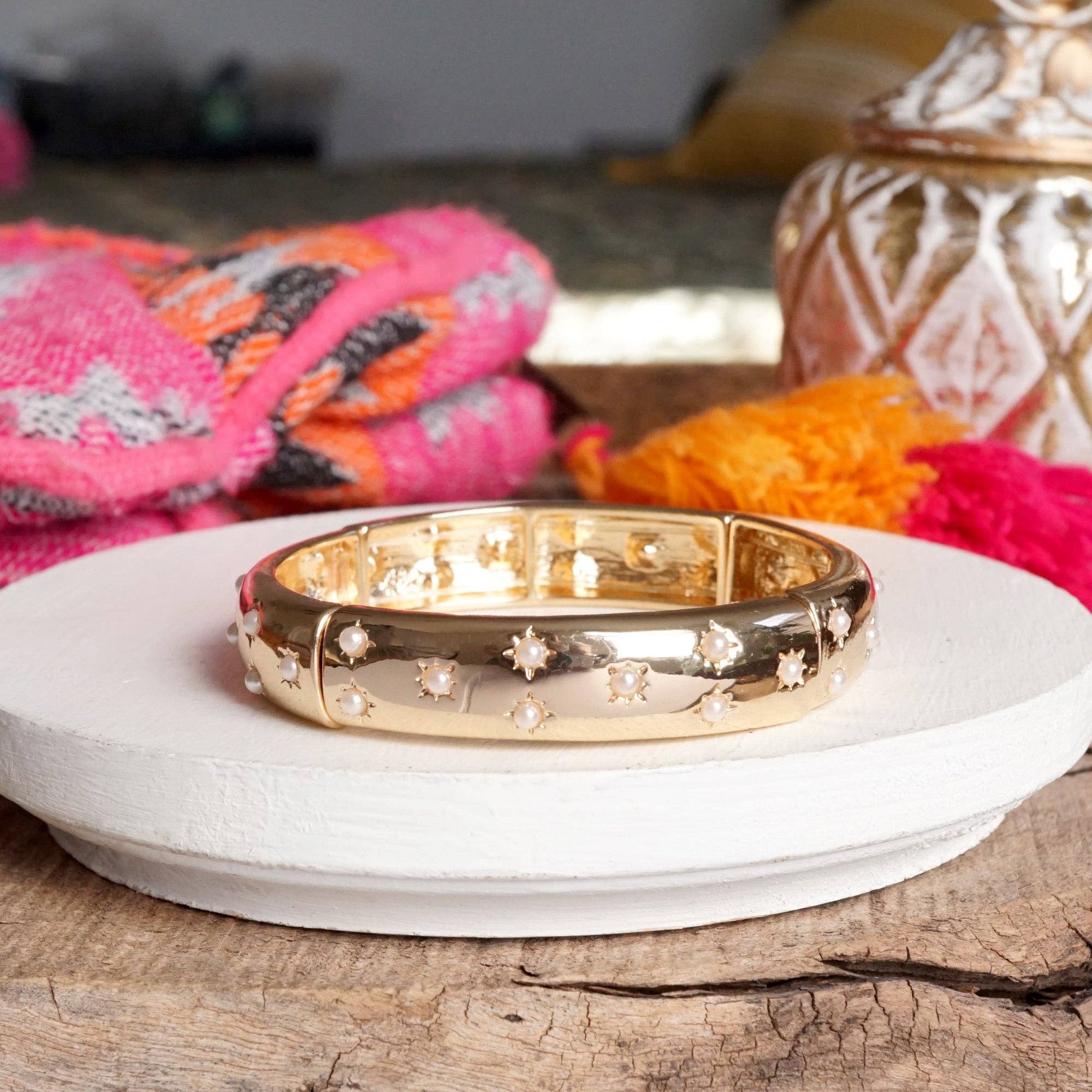 PennyLine inc - Wholesale Bangle Bracelet - Gold-Tone Eternity Stretch Bangle – Pearls, Turquoise, or Crystals0