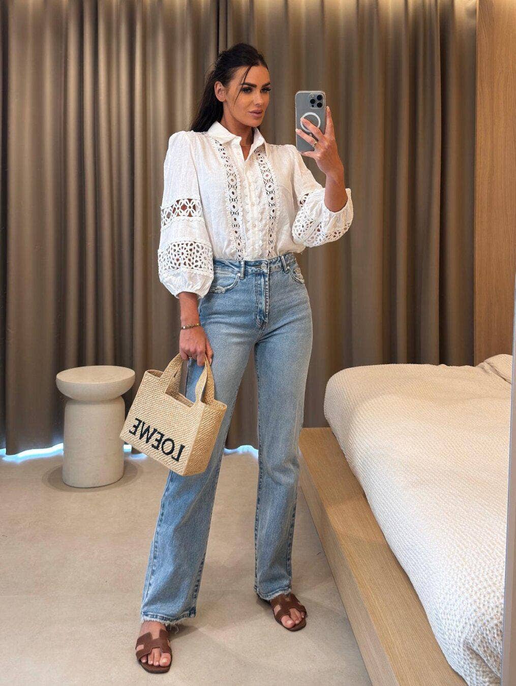 LORIANE – Engroshandel Skjorte med buttondown – til kvinder – Bomuldsbluse 6580 med broderi, boheme-stil, lange ærmer, one size 36-404