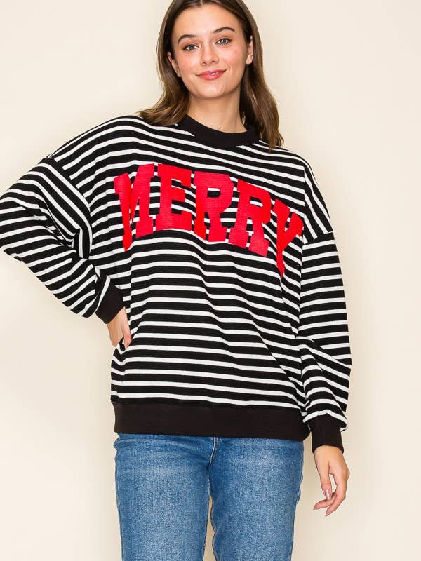 Tres Bien, Inc - Wholesale T-Shirt (Graphic) - Women's - "MERRY" STRIPE L/S GRAPHIC SWEATSHIRT