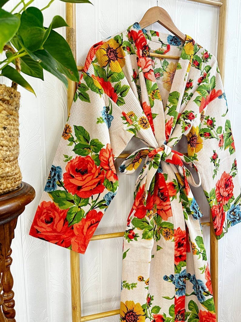Essential Designs London – wholesale Robe – Women's – Pure Waffle Cotton Handprinted House Bath Robe Summer | Floral Spa Beach Coverup | Spring Pastel Beige Orange Rose Botanical Garden Blossom