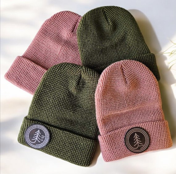 Custom Sewn on Patch, Pink Waffle Knit Cuff Beanie R146 for wholesale on Faire1