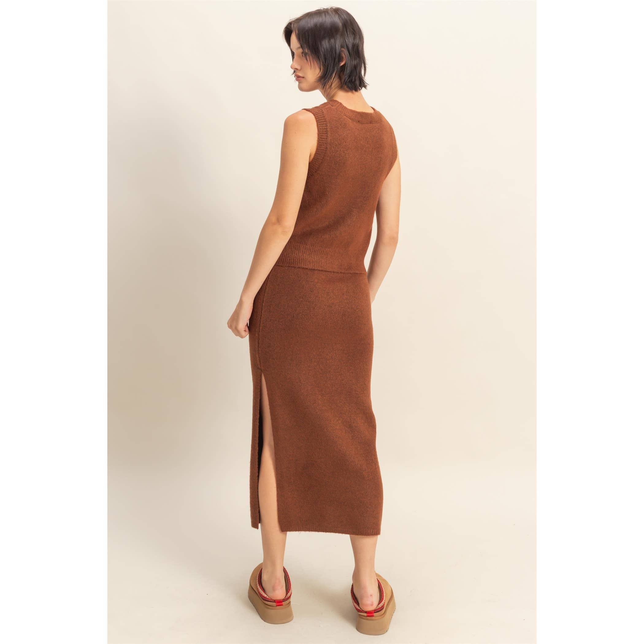 Double Zero - Wholesale Top & Skirt Set - Women's - Button Front Vest & Midi Skirt Knit Set8