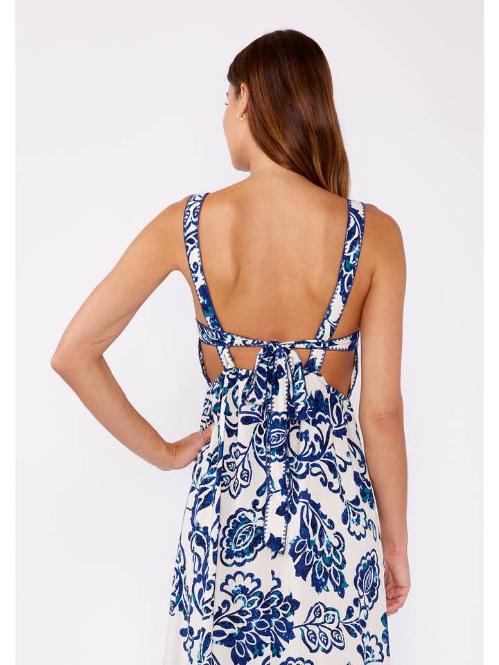 Vanilla Navy Blue Printed Tie Back Sleeveless Midi Dress for wholesale on Faire