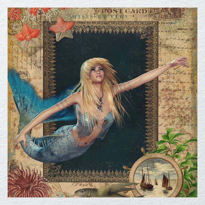 Panel de tela impresa con sirena vintage nadando en el océano para venta al por mayor de Hills Of Fabric