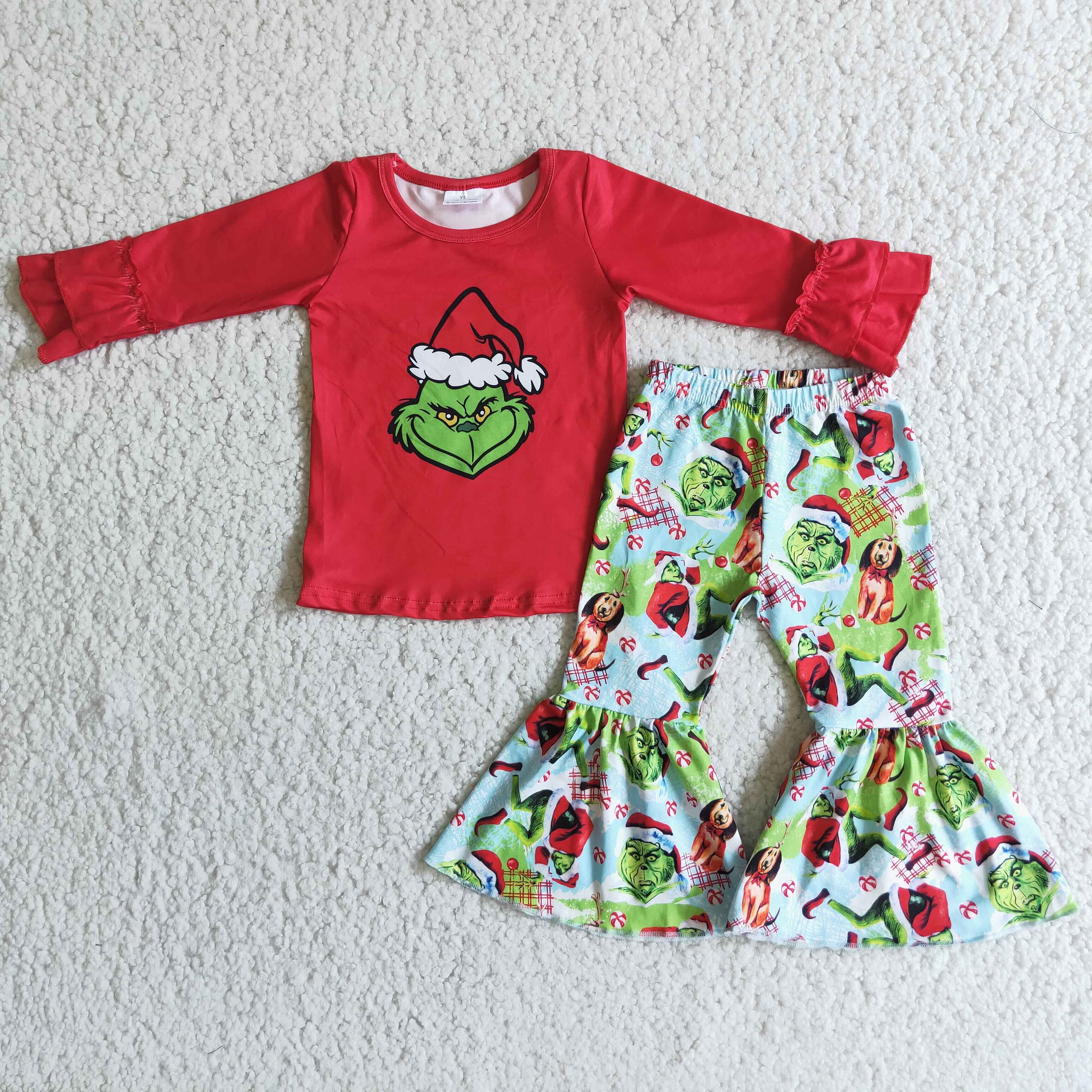 Yawoo Garments - Vente Ensemble haut et pantalon – enfant - Chemise sérigraphiée rouge et vert, pantalon à bas cloche, filles, Ch1