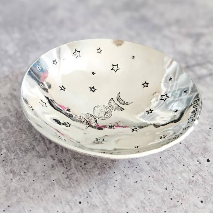 Salt and Sparkle - Wholesale Jewellery dish - It’s Just a Phase Handmade Pewter Jewelry Dish with Moon Phases and Stars4