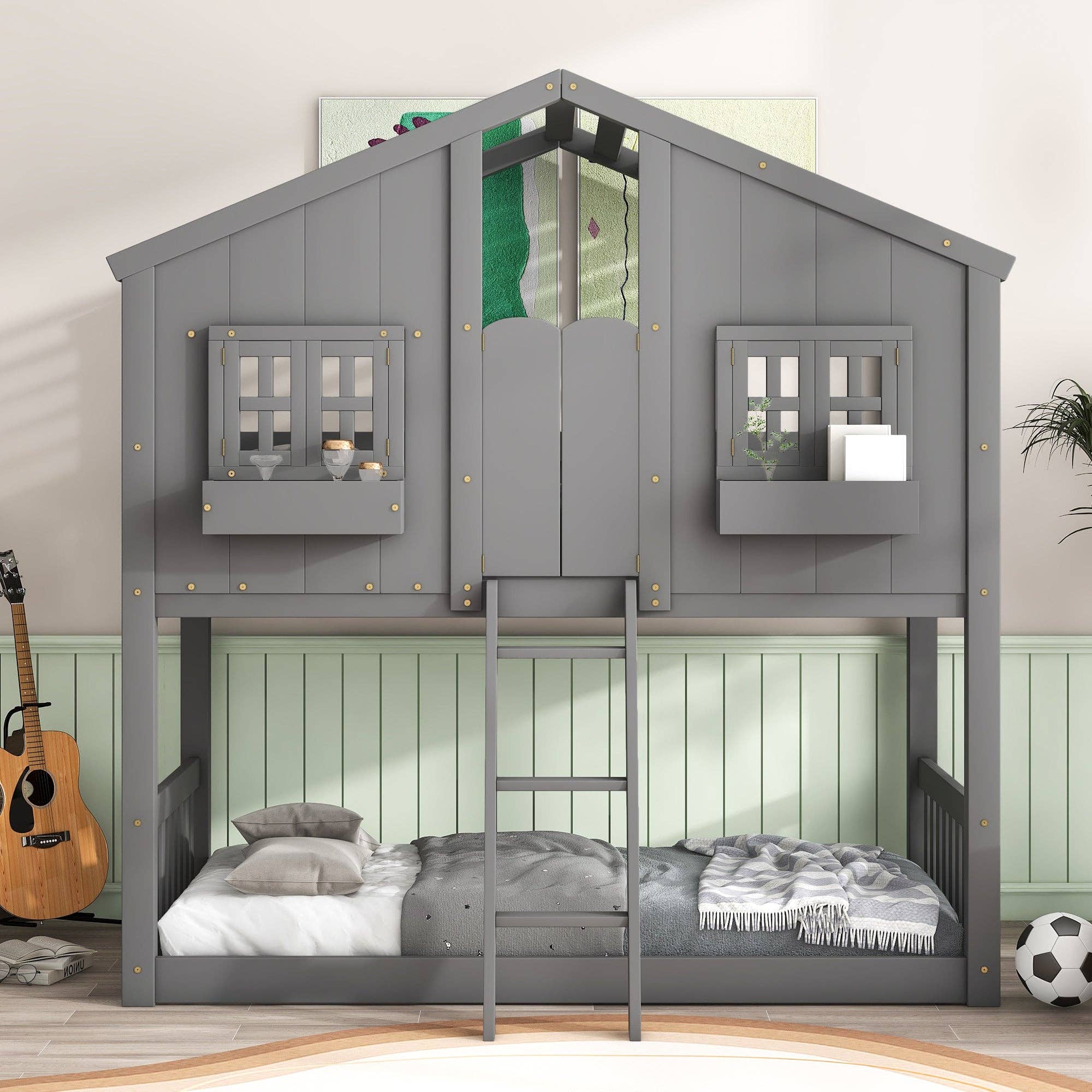 39F Inc. - Wholesale Bed - Kids & Baby - Grey Twin over Twin House Bunk Bed with Roof, Guardrails 1