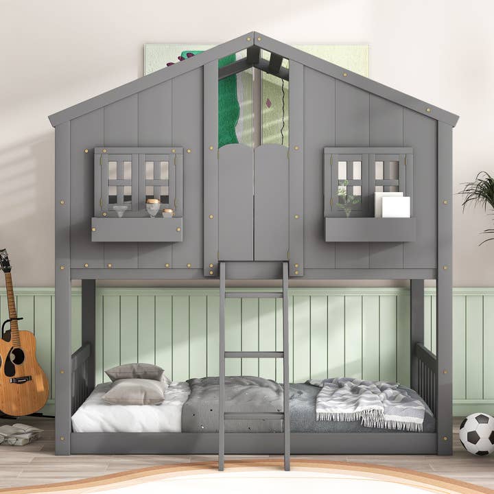 39F Inc. - Wholesale Bed - Kids & Baby - Grey Twin over Twin House Bunk Bed with Roof, Guardrails 1