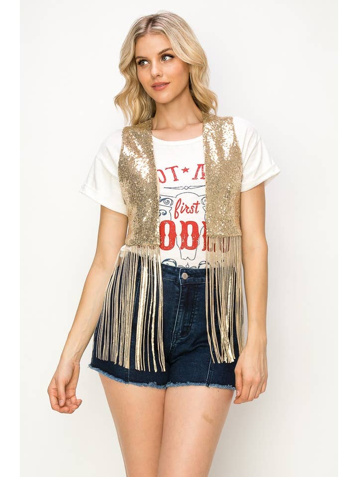 WISTERIA LANE - Wholesale Outerwear Vest - Women's - BOHO WESTERN SEQUIN FRINGED VEST - GOLD1